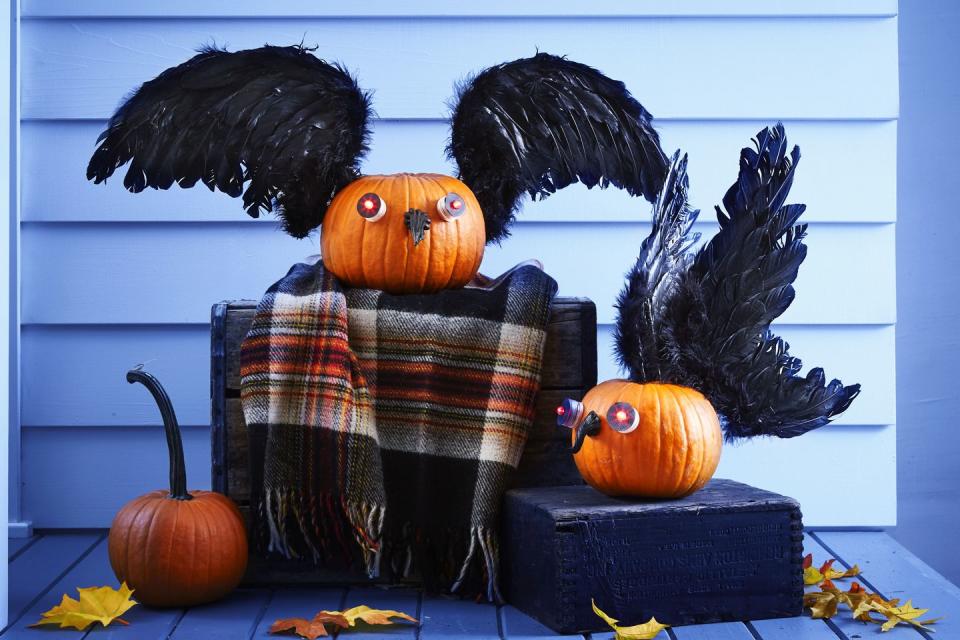 <p>Carefully remove the stem from a sugar pumpkin and paint it black. Trace bottoms of two waterproof red LED lights onto black paper, then cut out and punch hole in center; fit paper on lights.Hot-glue LED eyes and beak to pumpkin. Hot-glue wood skewers to backs of children's black feather angel wings; push into pumpkin to secure.</p>