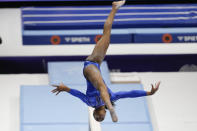 United States' Shilese Jones competes on the beam during the women's all-round final at the Artistic Gymnastics World Championships in Antwerp, Belgium, Friday, Oct. 6, 2023. (AP Photo/Virginia Mayo)