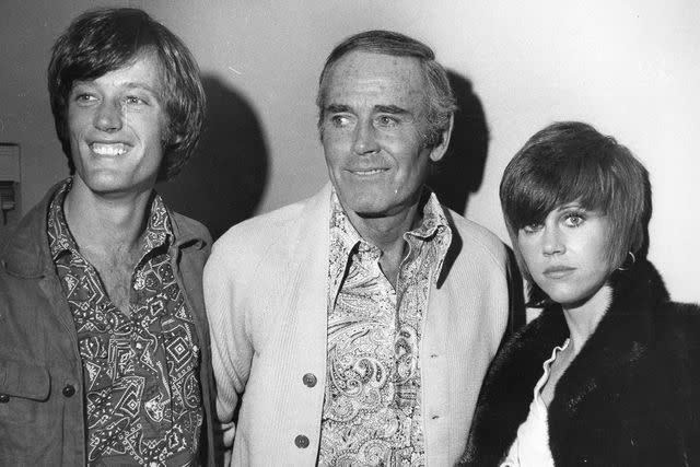 <p>Tim Boxer/Getty</p> Peter Fonda, Henry Fonda, and Jane Fonda at the ANTA Playhouse on December 4, 1969 in New York.