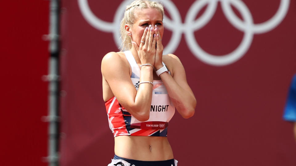 Jessie Knight, pictured here after falling in the 400m hurdles at the Olympics.