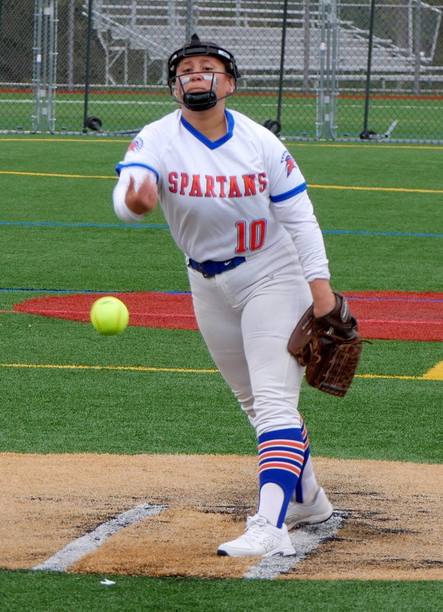 Gabby Milazzo pitches for Thomas A. Edison during a 9-3 win over Lansing in the IAC Large School championship game May 9, 2024 at Wells College in Aurora.