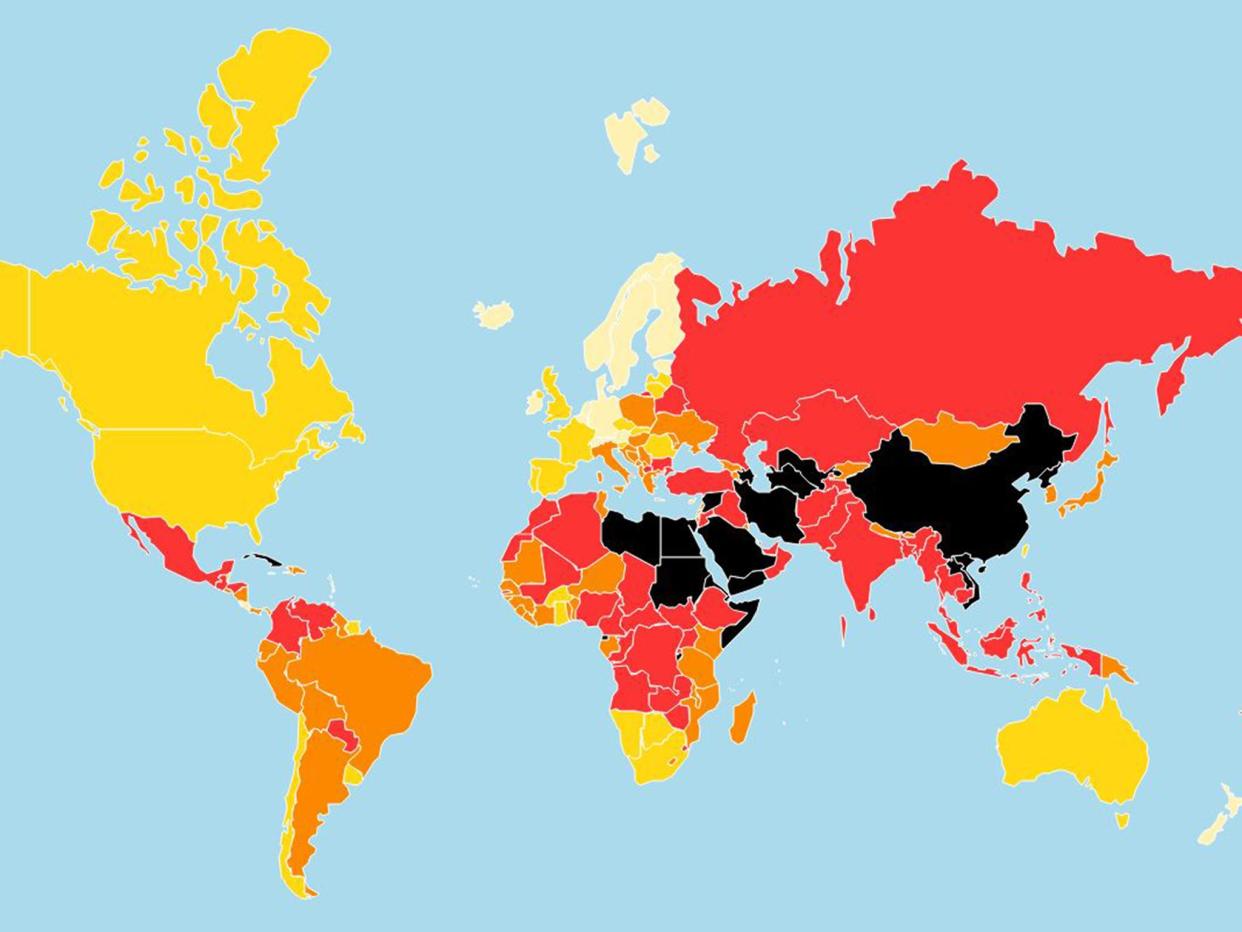 The map shows the countries with the freest press in light yellow and the countries where there is a "very serious situation" regarding freedom of information in black: Reporters Without Border/Adessium Foundation