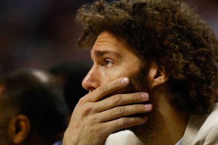 Feb 27, 2018; Charlotte, NC, USA; Chicago Bulls center Robin Lopez (42) sits on the bench in the first half against the Charlotte Hornets at Spectrum Center. Mandatory Credit: Jeremy Brevard-USA TODAY Sports