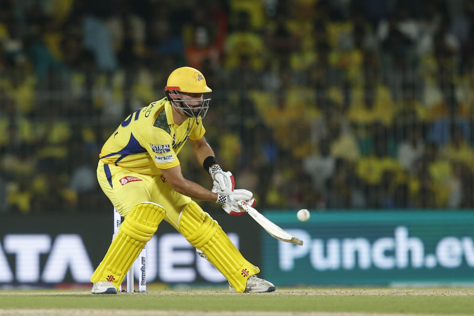 Chennai Super Kings' Daryl Mitchell plays a shot during the Indian Premier League cricket tournament between between Chennai Super Kings and Gujarat Titans, in Chennai, India, Tuesday, March 26, 2024. (AP Photo/R. Parthibhan)