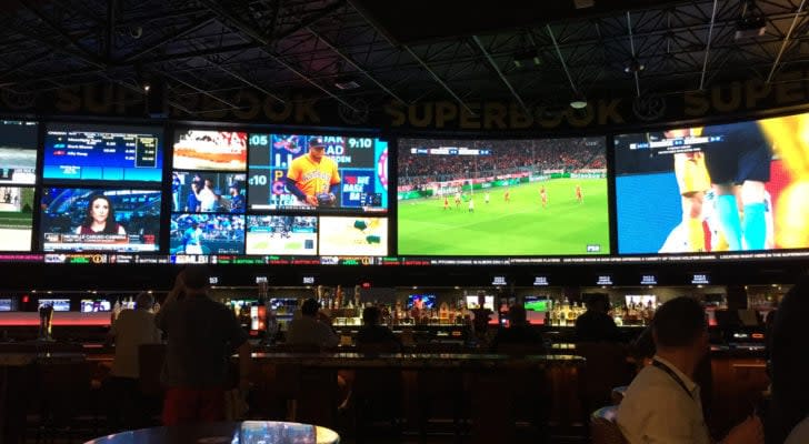 Interior of a sports gambling facility in Las Vegas. sports betting stocks