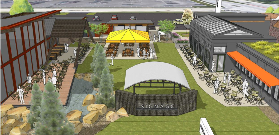 A rendering shows what The Lokal would look like upon completion. Cobalt Partners is teaming with The Lowlands Group on the project, which would bring a Café Hollander (at right) and The Feisty Loon to the northwest corner of West Layton Avenue and South 84th Street in Greenfield. The two restaurants would be separated by a common outdoor event space.