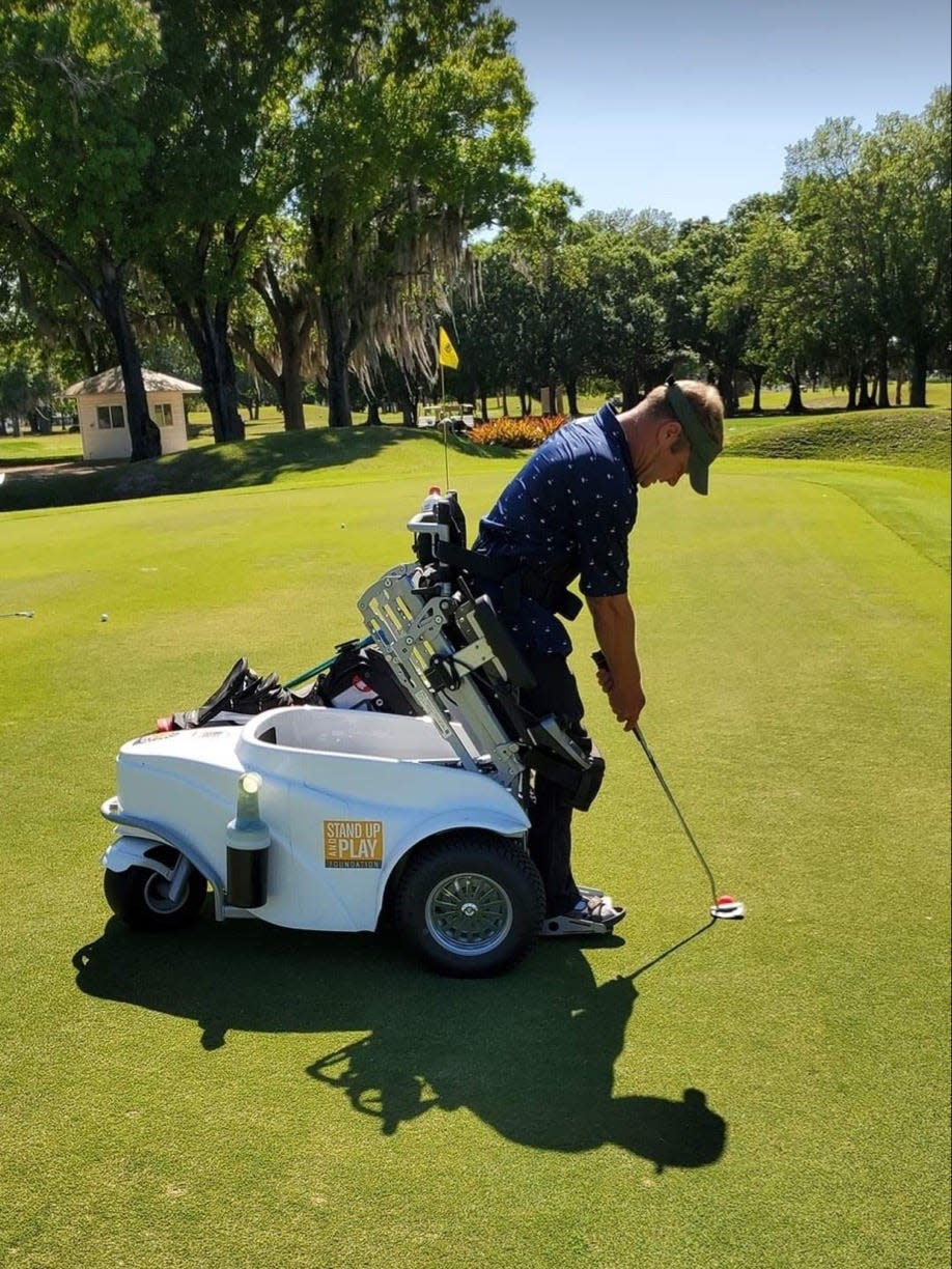 Michael Montange enjoys golf and uses his Stand up and Play Foundation wheelchair. It allows him to move around on the golf course without sinking into the grass. It also assists him in standing to make shots. He and Cami Sue also scuba dive.
