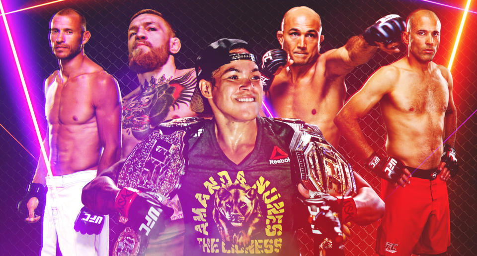 (L-R) Donald Cerrone, Conor McGregor, Amanda Nunes, BJ Penn and Royce Gracie are five of the BMFs to ever step foot in the Octagon.