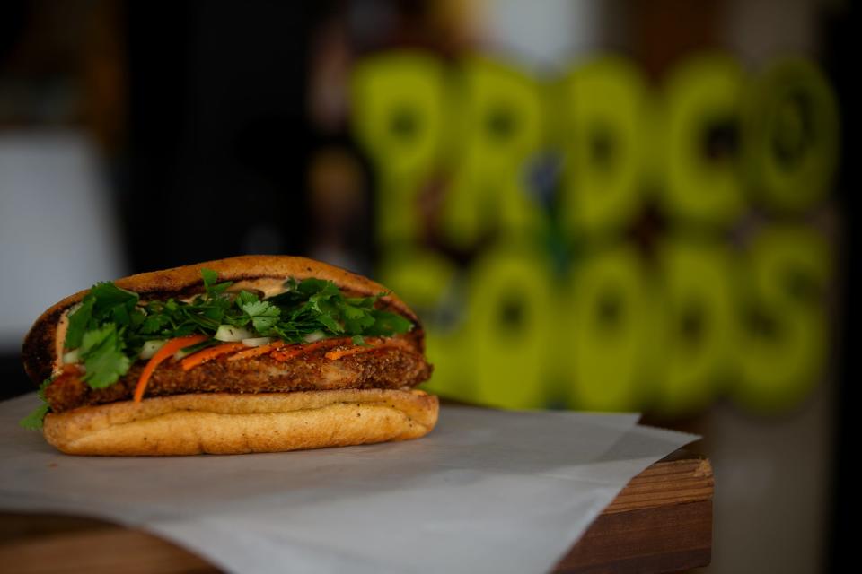 The Chicken Katsu Sando sits on the outdoor bar at Produce Goods Micro Bodega Thursday, Jan. 4, 2024.