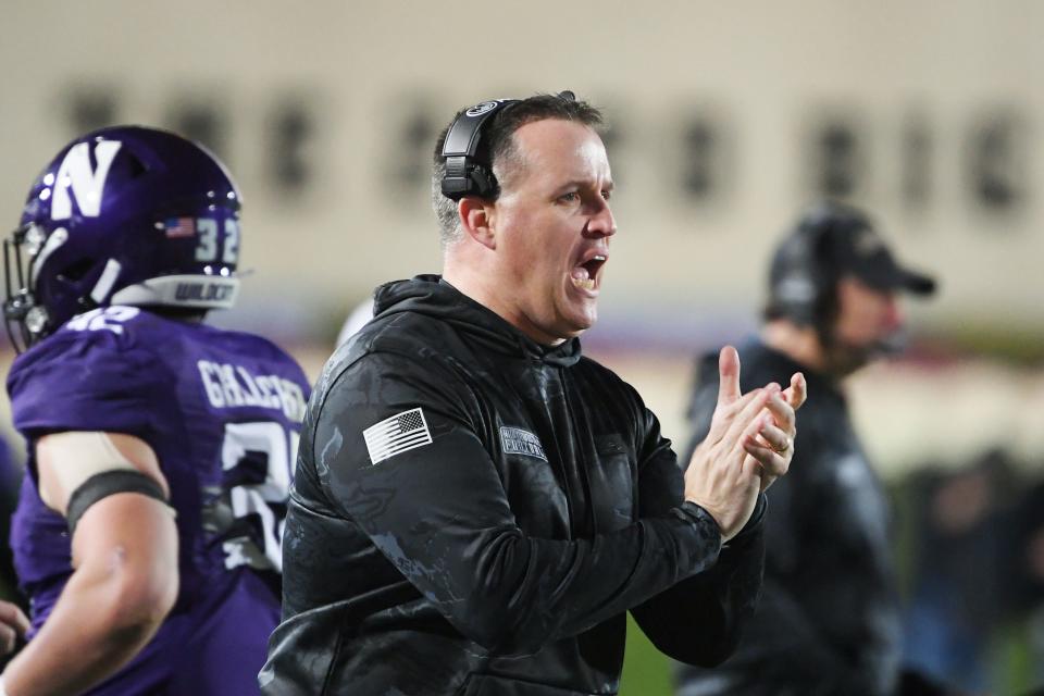 Northwestern Wildcats head coach Pat Fitzgerald reacts in the first half against the Iowa Hawkeyes, Saturday, Nov. 6, 2021, at Ryan Field in Evanston, Ill.