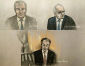 Court artist sketch by Elizabeth Cook, depicting Ian Mill QC, top left, Justin Rushbrooke QC, top right, and judge Mr Justice Warby, bottom, at the Royal Courts of Justice in London, Tuesday Jan. 19, 2021, during Meghan Duchess of Sussex's High Court privacy action against Associated Newspapers (ANL) for their publication of a handwritten letter to her estranged father. Meghan Duchess of Sussex is suing publisher of the Mail on Sunday newspaper over articles which reproduced parts of a letter sent to her father Thomas Markle in August 2018. (Elizabeth Cook/PA via AP)