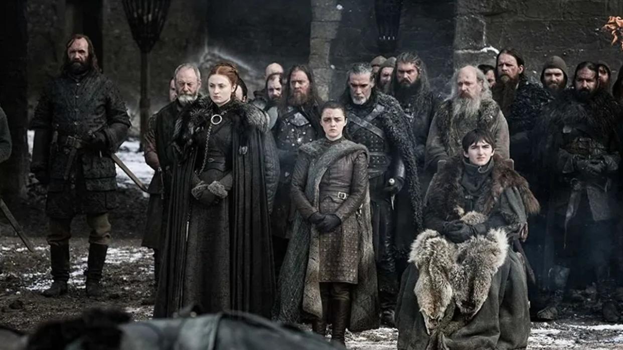  Sophie Turner, Maisie Williams, Isaac Hempstead Wright, Rory McCann, and Liam Cunningham in Game of Thrones. 