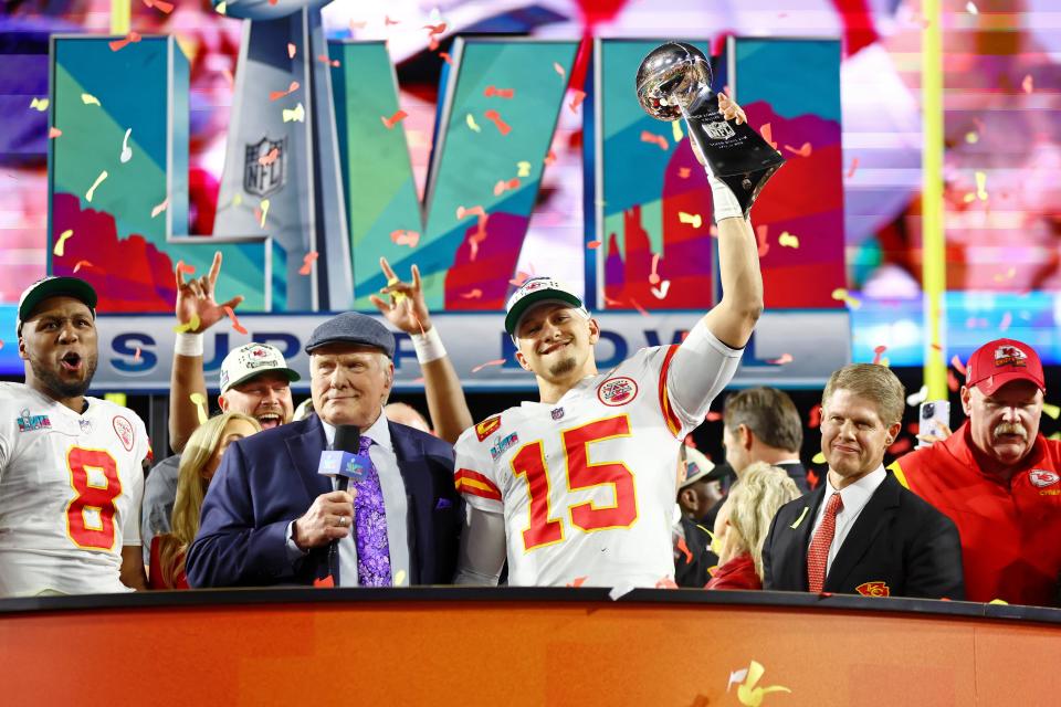 Kansas City Chiefs quarterback Patrick Mahomes (15) holds up the Vince Lombardi Trophy after a 38-35 win against Super Bowl 57 against the Philadelphia Eagles. Mahomes was named Super Bowl MVP.