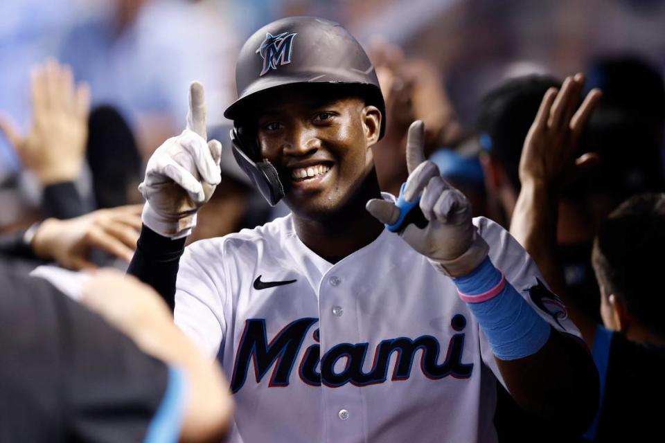 Jesus Sanchez #76 of the Miami Marlins celebrates after hitting a two-run home run off Erick Fedde #23 of the Washington Nationals (not pictured) during the third inning at loanDepot park on September 20, 2021 in Miami, Florida.