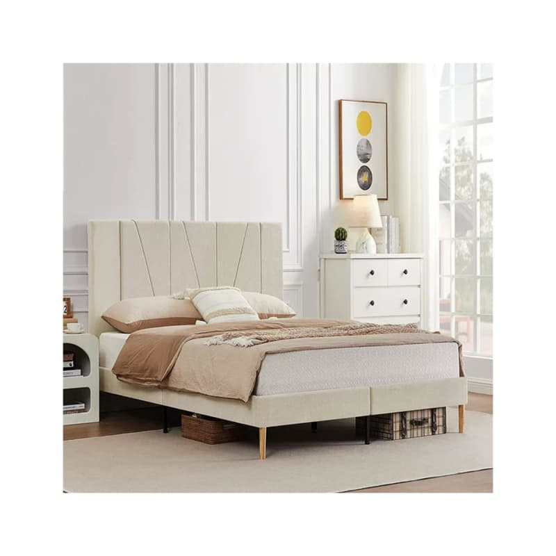 Flolinda Queen-Sized Beige Upholstered Bed Frame