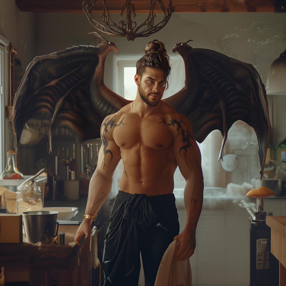 Illustration of a shirtless man with dragon wings and tattoos in a kitchen setting