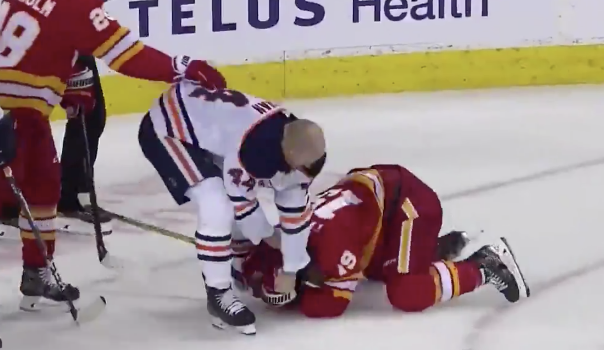 The Oilers' Zack Kassian was hungry for retaliation and Flames forward Matthew Tkachuk was the recipient. (Twitter/@BradyTrett)