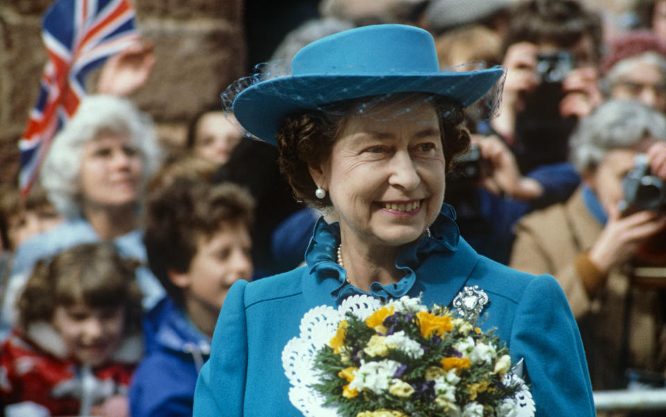 EXETER - MARCH 31: Queen Elizabeth II  after the Maundy Service at Exeter Cathedral on March 31, 1982. (Photo by David Levenson/Getty Images)