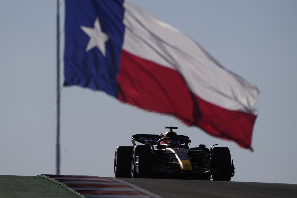 Red Bull driver Max Verstappen, of the Netherlands, drives during the second practice session for the Formula One U.S. Grand Prix auto race at Circuit of the Americas, Friday, Oct. 21, 2022, in Austin, Texas. (AP Photo/Eric Gay)