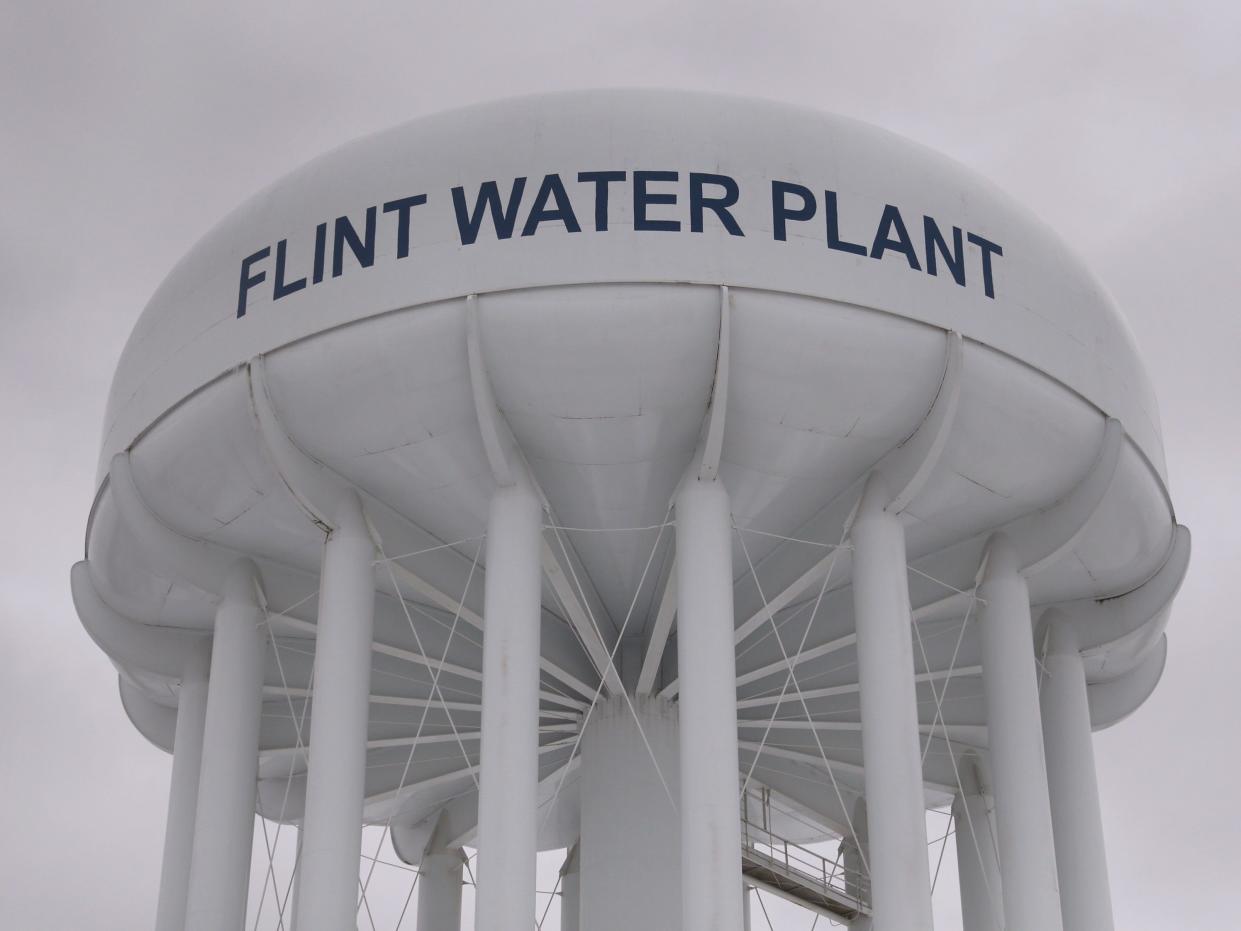 The top of a water tower is seen at the Flint Water Plant in Flint, Michigan