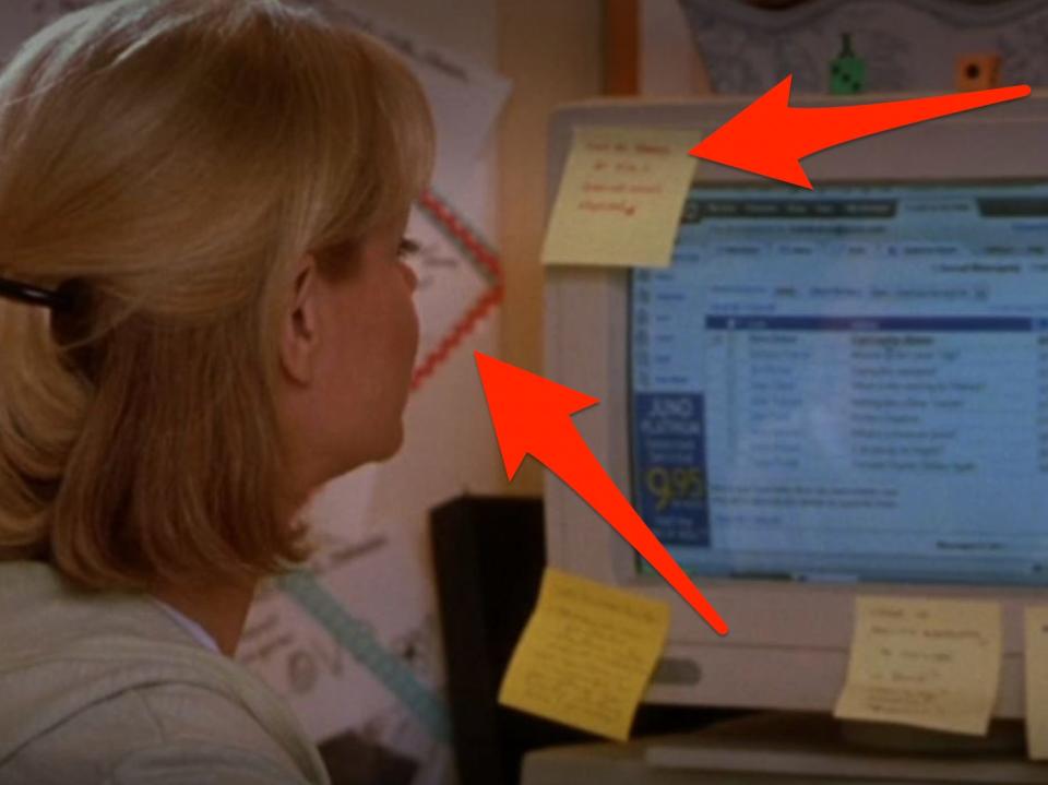 arrows pointing at a bulletin board and a note on a computer behind kate in cheaper by the dozen