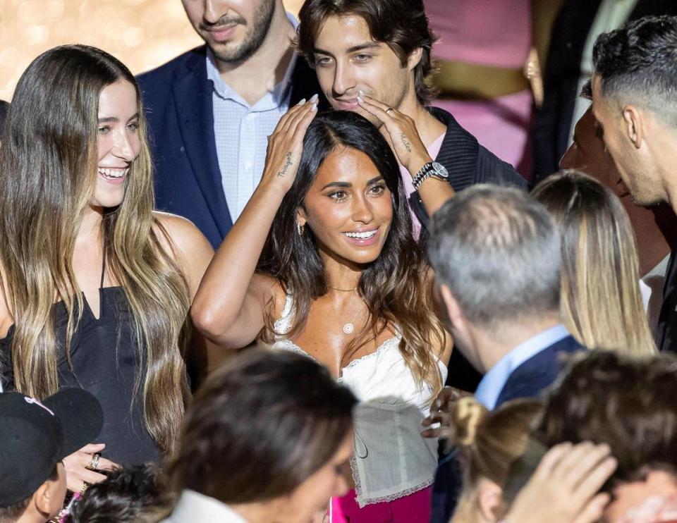 Lionel Messi’s wife, Antonela Roccuzzo reacts during Inter Miami’s The Unveil event at DRV PNK Stadium on Sunday, July 16, 2023, in Fort Lauderdale, Fla. The event was held to officially welcome Argentine forward Lionel Messi (10) and Spanish midfielder Sergio Busquets (5) to the team. MATIAS J. OCNER/mocner@miamiherald.com