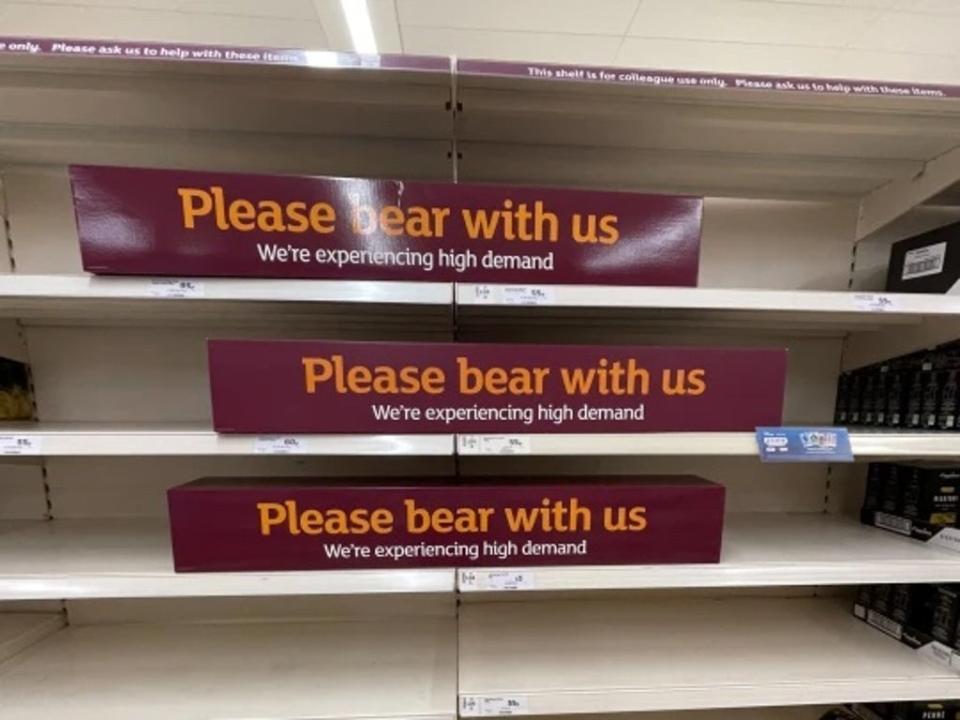 Empty shelves in Camberley Sainsbury’s, Surrey (SWNS)