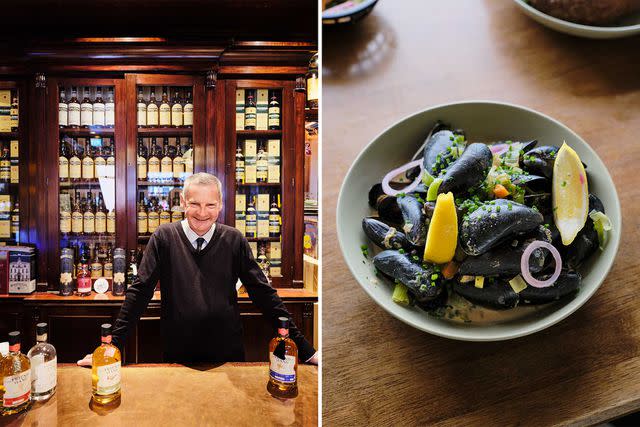 <p>Simon Watson</p> From left: Ray Gallen at his Belfast whiskey shop, the Friend at Hand; mussels from the Native Seafood & Scran café.