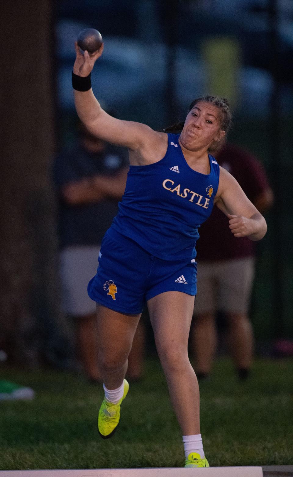 Gretchen Hunt competes in the finals of the shot put during the IHSAA Girls Regional 8 Track & Field Meet at Central Stadium Tuesday evening, May 23, 2023. Hunt won with an attempt of 37' 6". Hunt also won the discus event with an attempt of 126' 10 1/2".