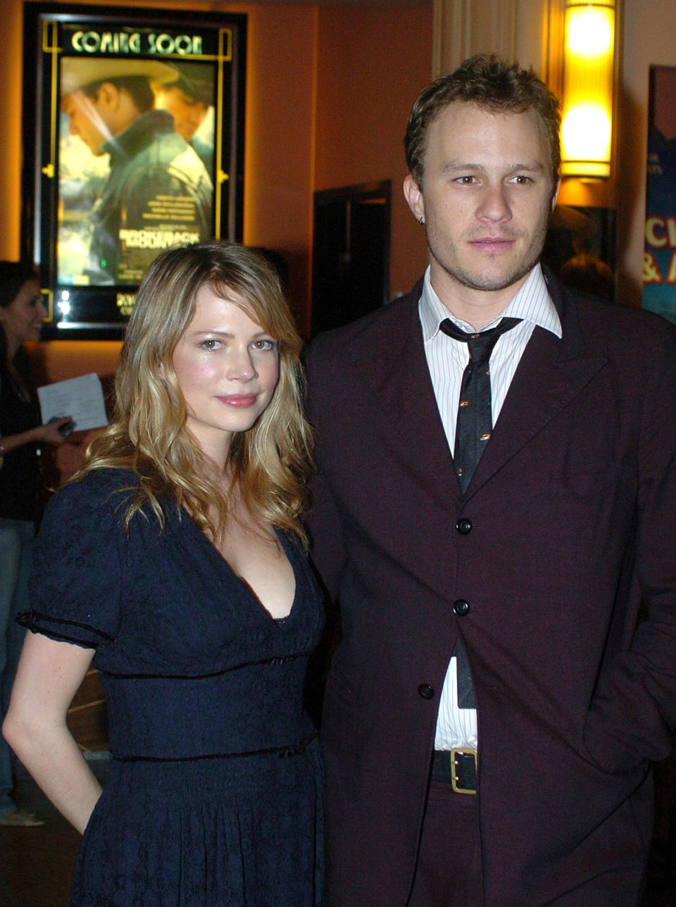 ** FILE ** Heath Ledger, right, and Michelle Williams arrive for the Australian premier of the movie "Brokeback Mountain" in Melbourne, Australia, in this Tuesday Jan. 10, 2006 file photo.  (AP Photo/Steve Holland, file)