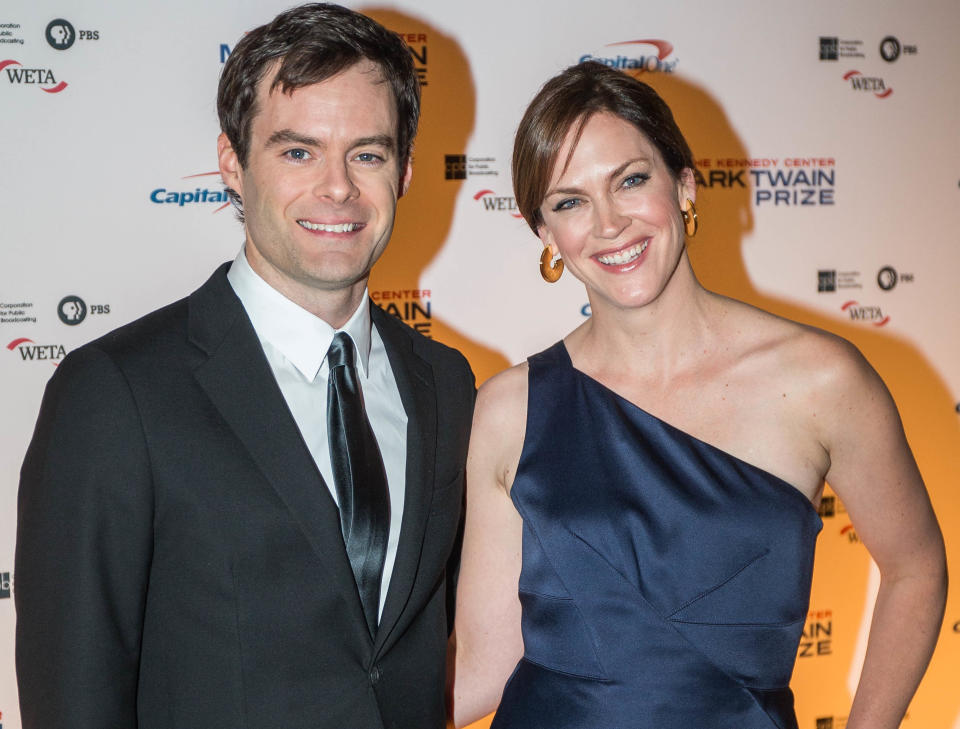 Bill Hader, Maggie Carey. Photo credit should read ZACH GIBSON/AFP via Getty Images