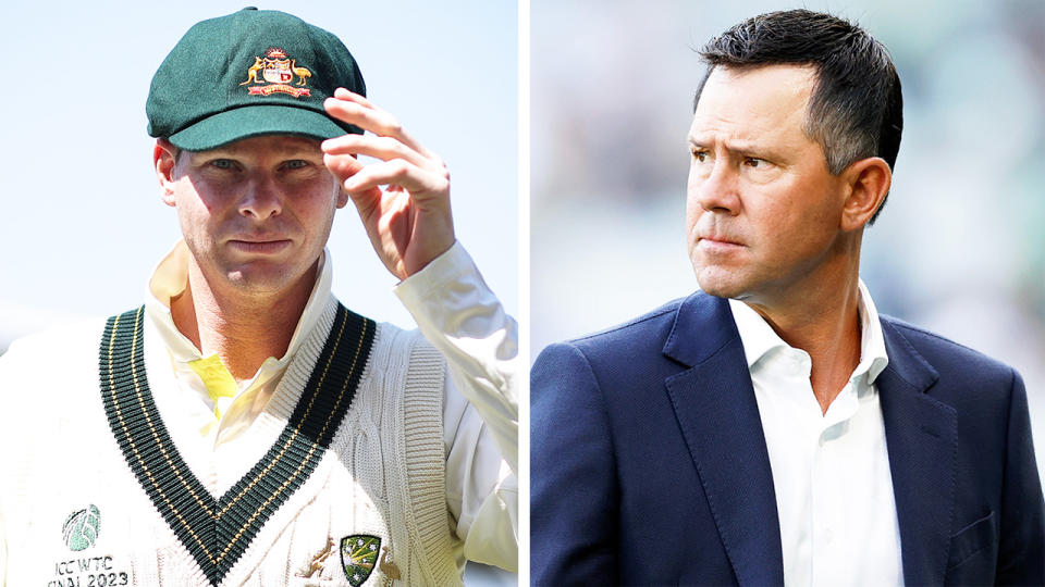 Steve Smith walking off the field and Ricky Ponting watching on during broadcast.