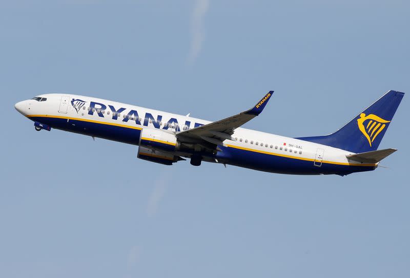 FILE PHOTO: A Ryanair aircraft takes off at the aircraft builder's headquarters of Airbus in Colomiers near Toulouse