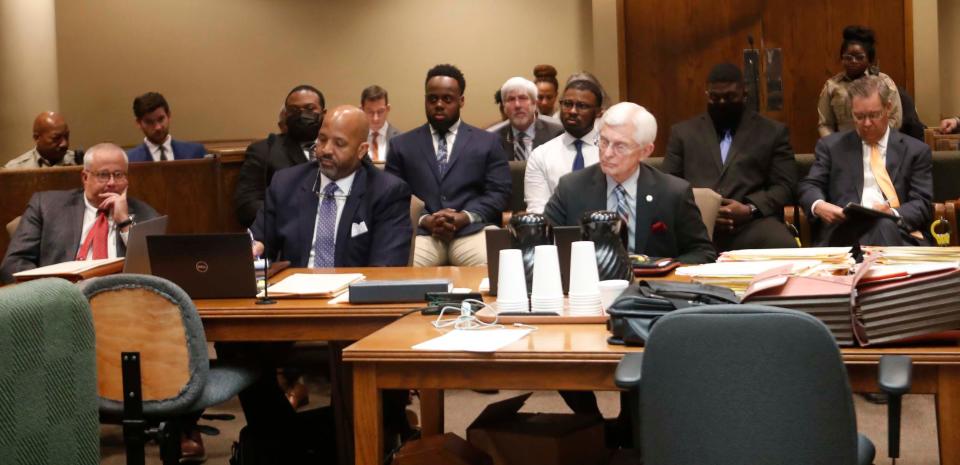 Former police officers charged in the death of Tyre Nichols, (left to right behind lawyers) Demetrius Haley, Tadarrius Bean, Justin Smith, and Emmitt Martin III, appeared in court to hear the start date of the trial being August, 12, 2024 at Shelby County Criminal Justice Center on November 06, 2023 in Memphis, Tenn.