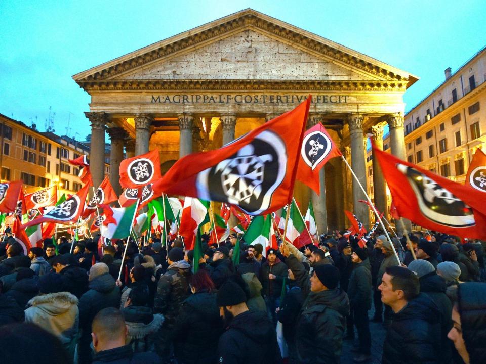 CasaPound activists rally outside the Pantheon in Rome last year: ANDREAS SOLARO/AFP via Getty Images