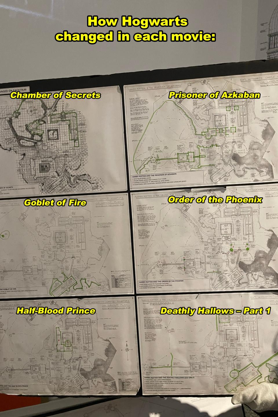 Text on display showing Hogwarts castle layouts for different Harry Potter films