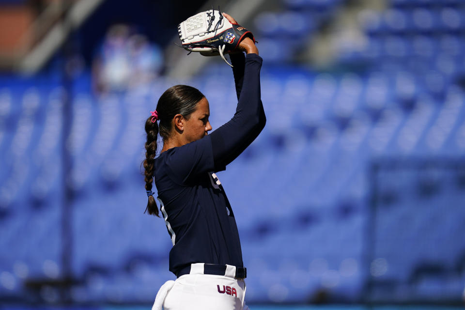 United States' Cat Osterman pitches during a softball game against Mexico at the 2020 Summer Olympics, Saturday, July 24, 2021, in Yokohama, Japan. (AP Photo/Matt Slocum)