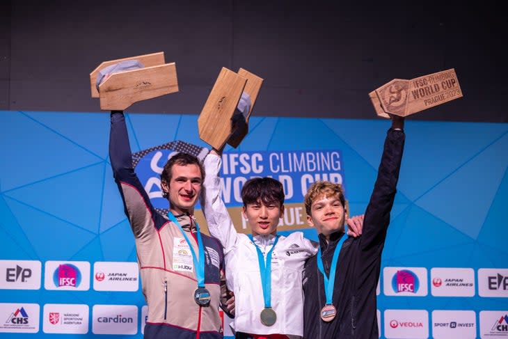 The men’s podium: Lee placed first, Ondra second, and <span>Schalck took third.</span> (Photo: Jan Virt/IFSC)
