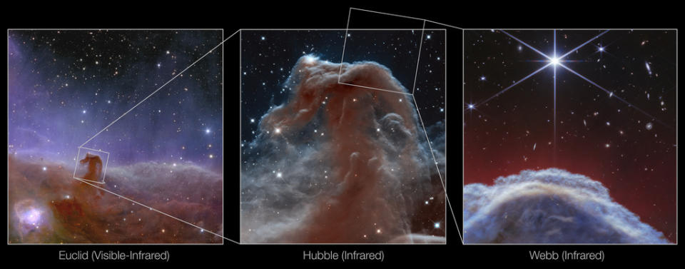 This image shows three views of the Horsehead Nebula. Image left, released in November 2023, features the Horsehead Nebula as seen in visible light by ESA’s Euclid telescope, which has contributions from NASA. The second image, middle, shows a view of the Horsehead Nebula in near-infrared light from NASA’s Hubble Space Telescope in 2013. The third image, right, features a new view of the Horsehead Nebula from NASA’s James Webb Space Telescope’s NIRCam (Near-Infrared Camera) instrument. (NASA via AP)