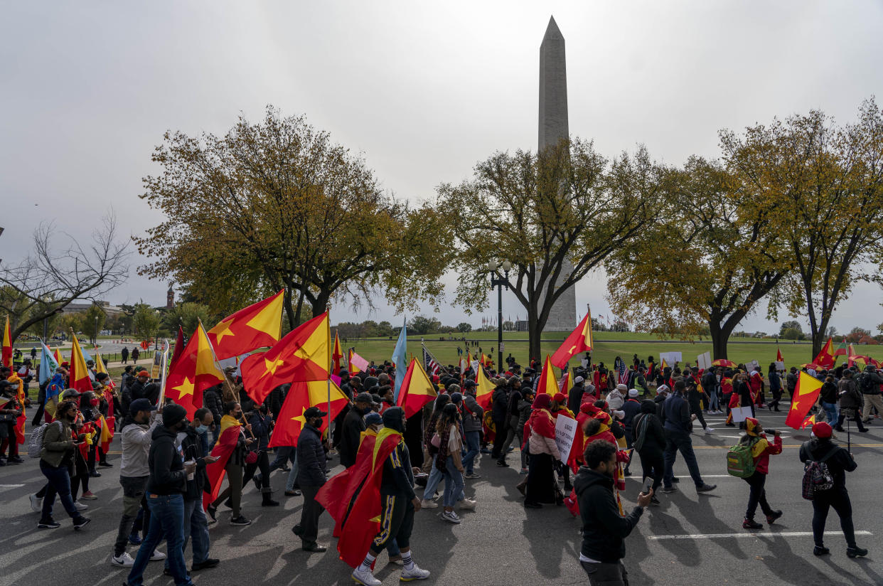 Exile Tigray community and their supporters march to mark a year since Ethiopia Prime Minister Abiy Ahmed's administration started fighting against the Tigray, the northernmost region in Ethiopia. at the U.S. Capitol, Thursday, Nov. 4, 2021, in Washington. (AP Photo/Gemunu Amarasinghe)
