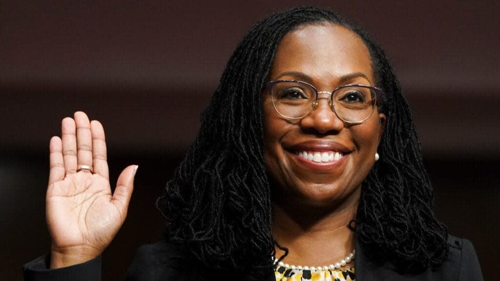 In this April photo, Ketanji Brown Jackson, nominated to be a U.S. Circuit Judge for the District of Columbia Circuit, is sworn in to testify before a Senate Judiciary Committee hearing on pending judicial nominations. (Photo by Kevin Lamarque-Pool/Getty Images)