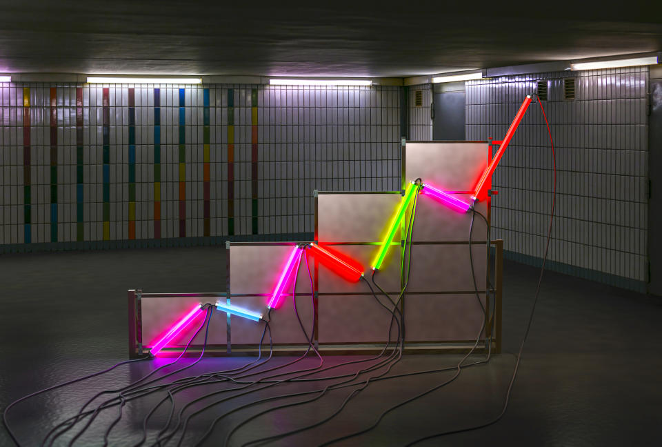 A neon tube graph in a communist style room