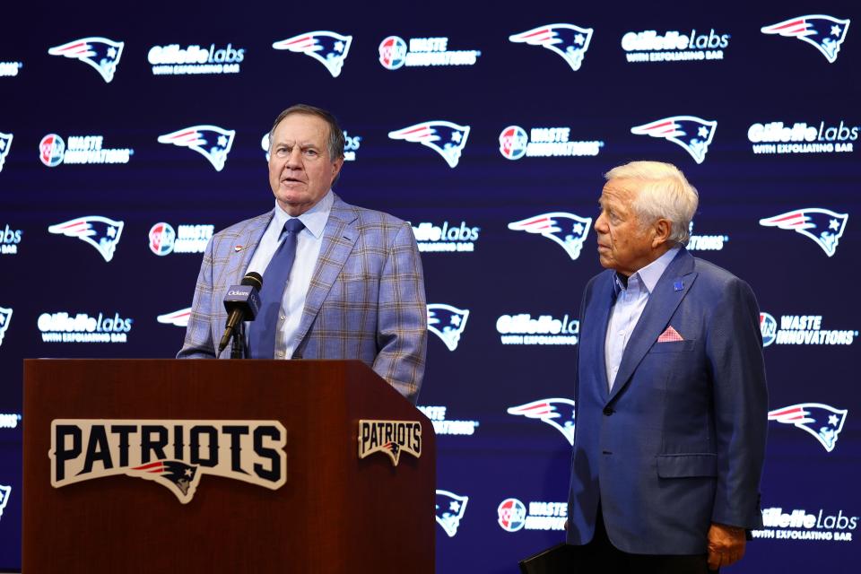 FOXBOROUGH, MASSACHUSETTS - JANUARY 11: Head coach Bill Belichick (L) of the New England Patriots speaks to the media as owner Robert Kraft looks on (R) during a press conference at Gillette Stadium on January 11, 2024 in Foxborough, Massachusetts. Belichick announced he is stepping down as head coach after 24 seasons with the team. (Photo by Maddie Meyer/Getty Images)