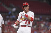 St. Louis Cardinals' Lars Nootbaar reacts after hitting an RBI single during the second inning of a baseball game against the Pittsburgh Pirates Thursday, June 24, 2021, in St. Louis. (AP Photo/Joe Puetz)