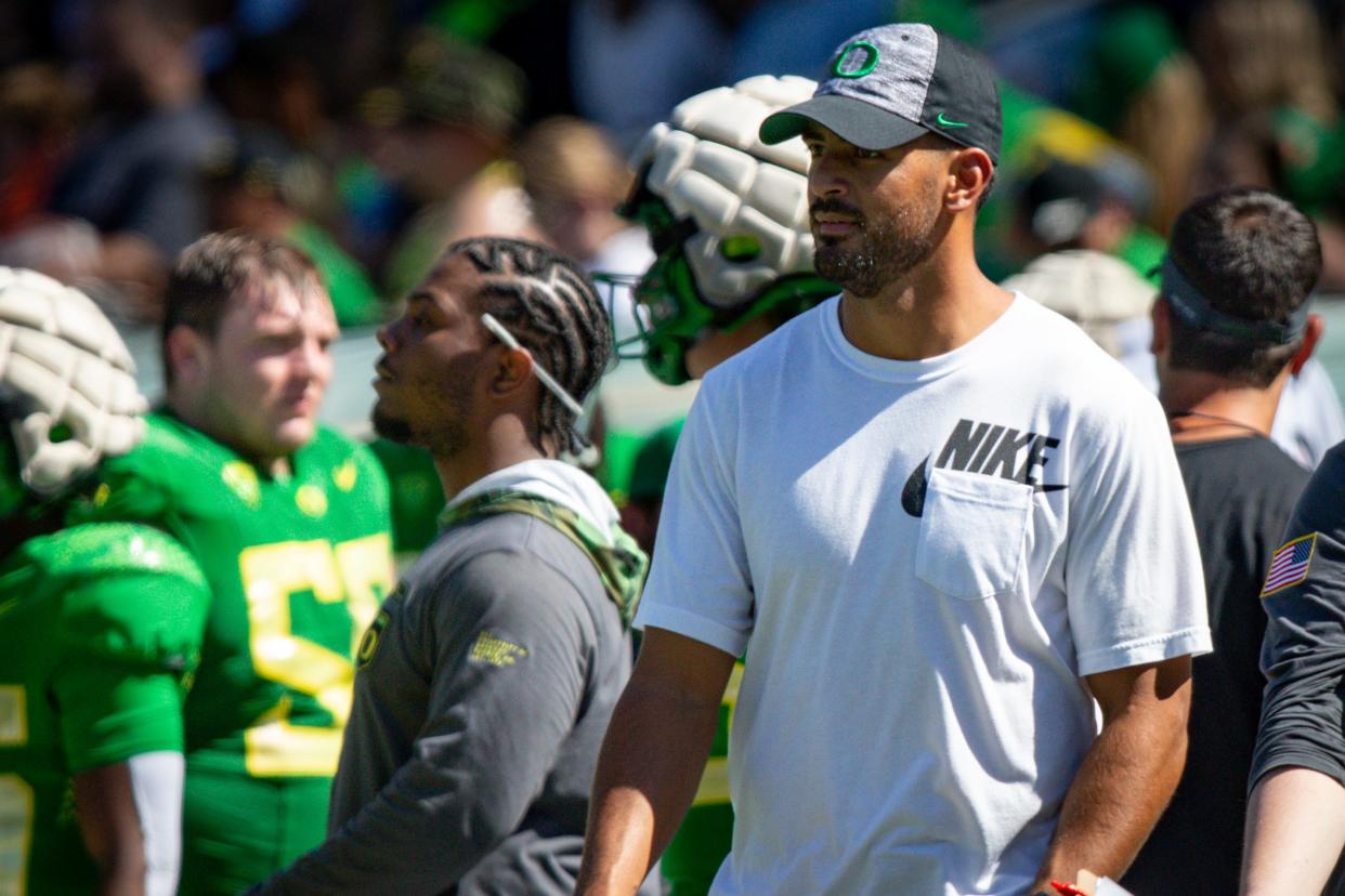 Former Oregon quarterback Marcus Mariota coaches for the Green Team as the Oregon Ducks host their annual spring game at Autzen Stadium in April 2023 in Eugene. Mariota signed with the Washington Commanders this offseason.