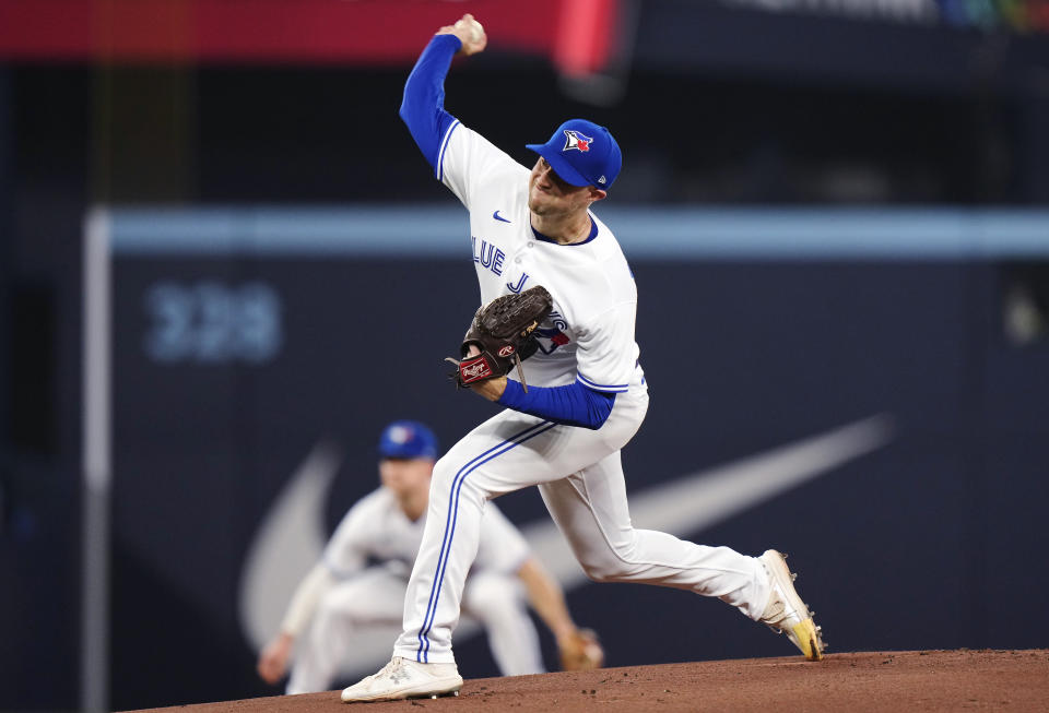 Toronto Blue Jays pitcher Trevor Richards works against the San Francisco Giants during the first inning of a baseball game Wednesday, June 28, 2023, in Toronto. (Frank Gunn/The Canadian Press via AP)