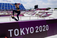 Brazil's Pamela Rosa trains during a street skateboarding practice session at the 2020 Summer Olympics, Friday, July 23, 2021, in Tokyo, Japan. (AP Photo/Markus Schreiber)