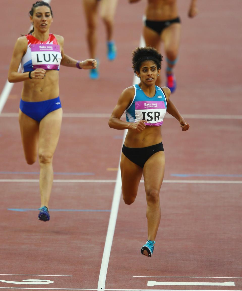 Maor Tiyouri of Israel (ISR) crosses the finish line in second ahead of Martine Nobili of Luxembourg in the Women's 1500 metres during day ten of the Baku 2015 European Games at the Olympic Stadium on June 22, 2015 in Baku, Azerbaijan