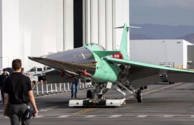 NASA’s X-59 research aircraft moved from its construction site to the flight line at Lockheed Martin Skunk Works in Palmdale, Calif., in June. It's initial test flight has been pushed back from this year to next. Photo courtesy of Lockheed Martin