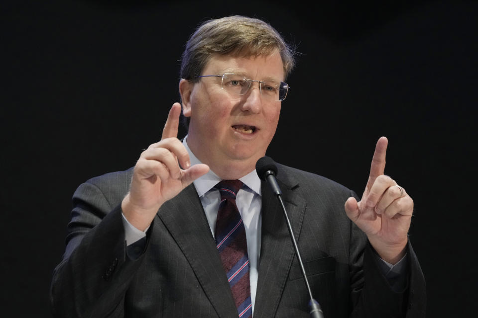 Mississippi Gov. Tate Reeves, who is running for reelection, addresses a group of business leaders at the 2023 Hobnob, a business forum sponsored by the Mississippi Economic Council, in Jackson, Miss., Thursday, Oct. 26, 2023. (AP Photo/Rogelio V. Solis)